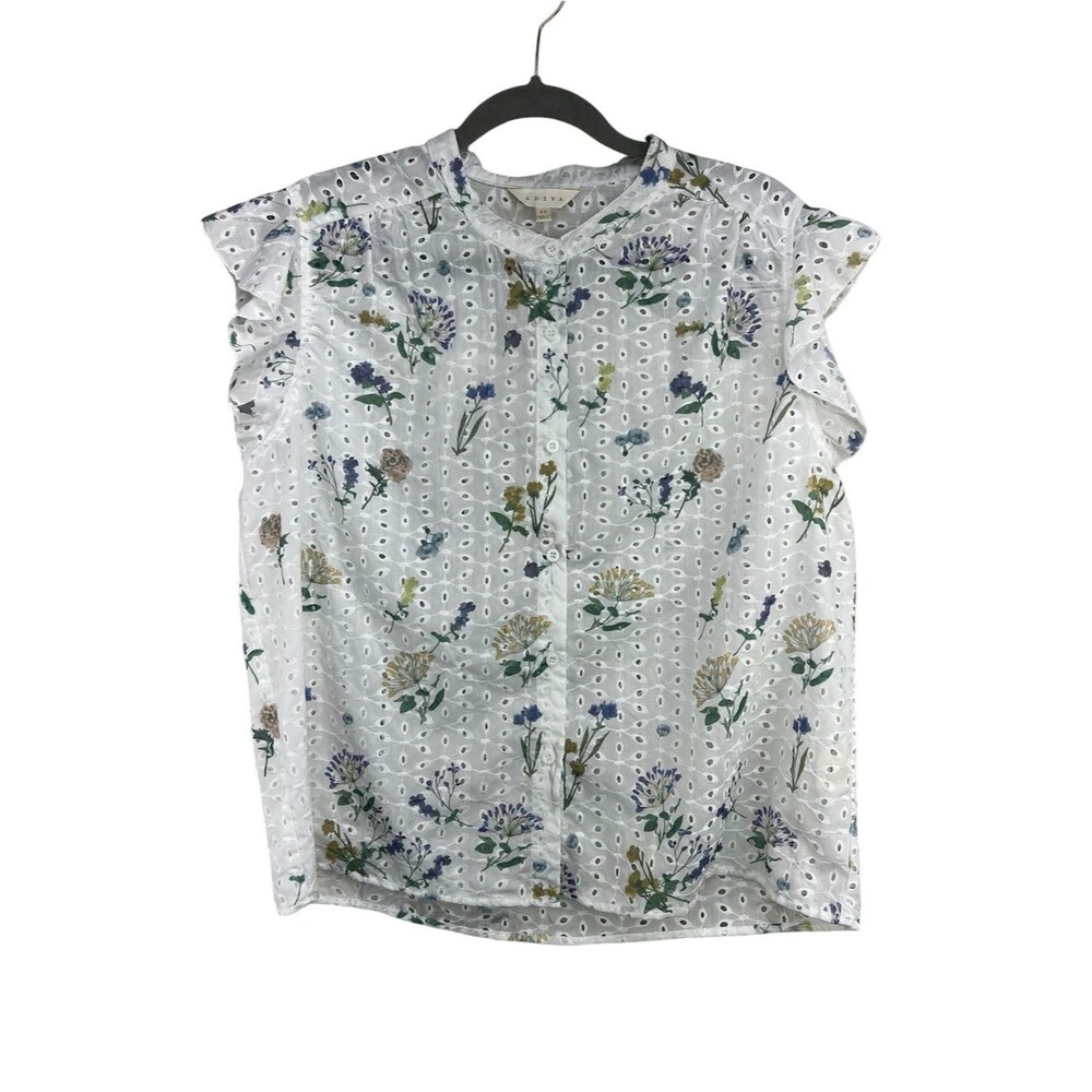 A DIVA White Floral Eyelet Button Down Blouse Flutter Cap Sleeves Womens XL